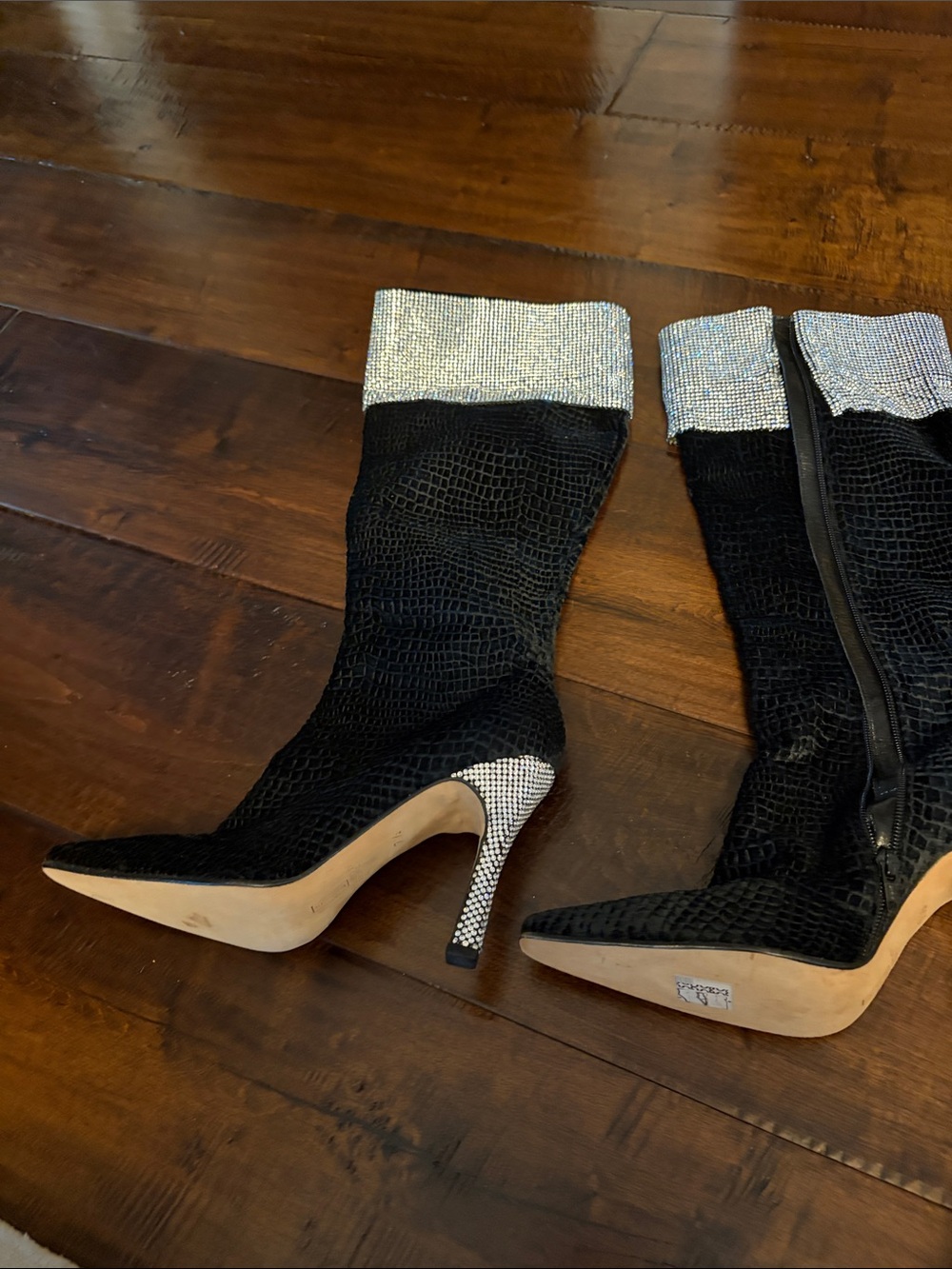 Rhinestone Cuff Black Croc-Embossed Stiletto Knee Boots